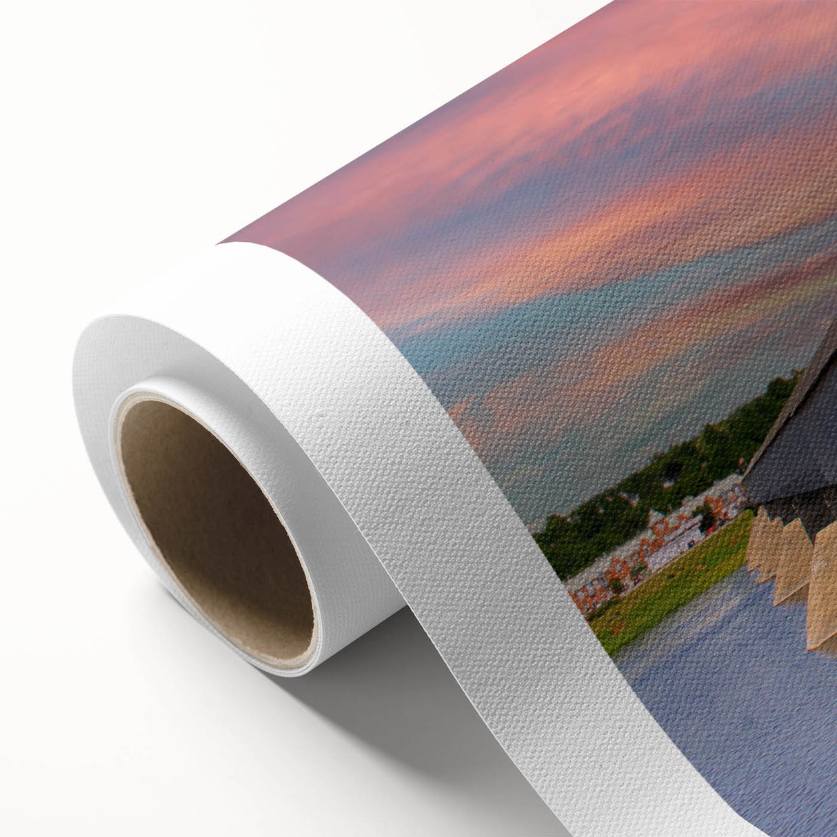 Art deco style poster of a covered bridge in pastel shades on rolled canvas, ideal for nursery wall art.