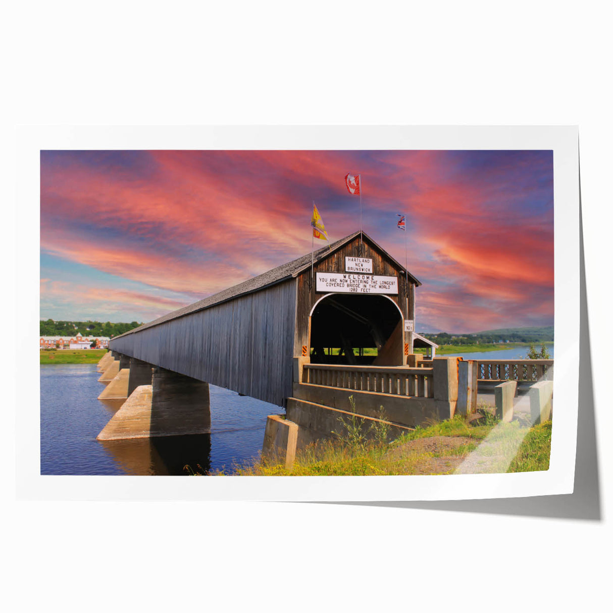 Rolled canvas print featuring a covered bridge amidst vibrant autumn foliage, ideal for art wall dining room.