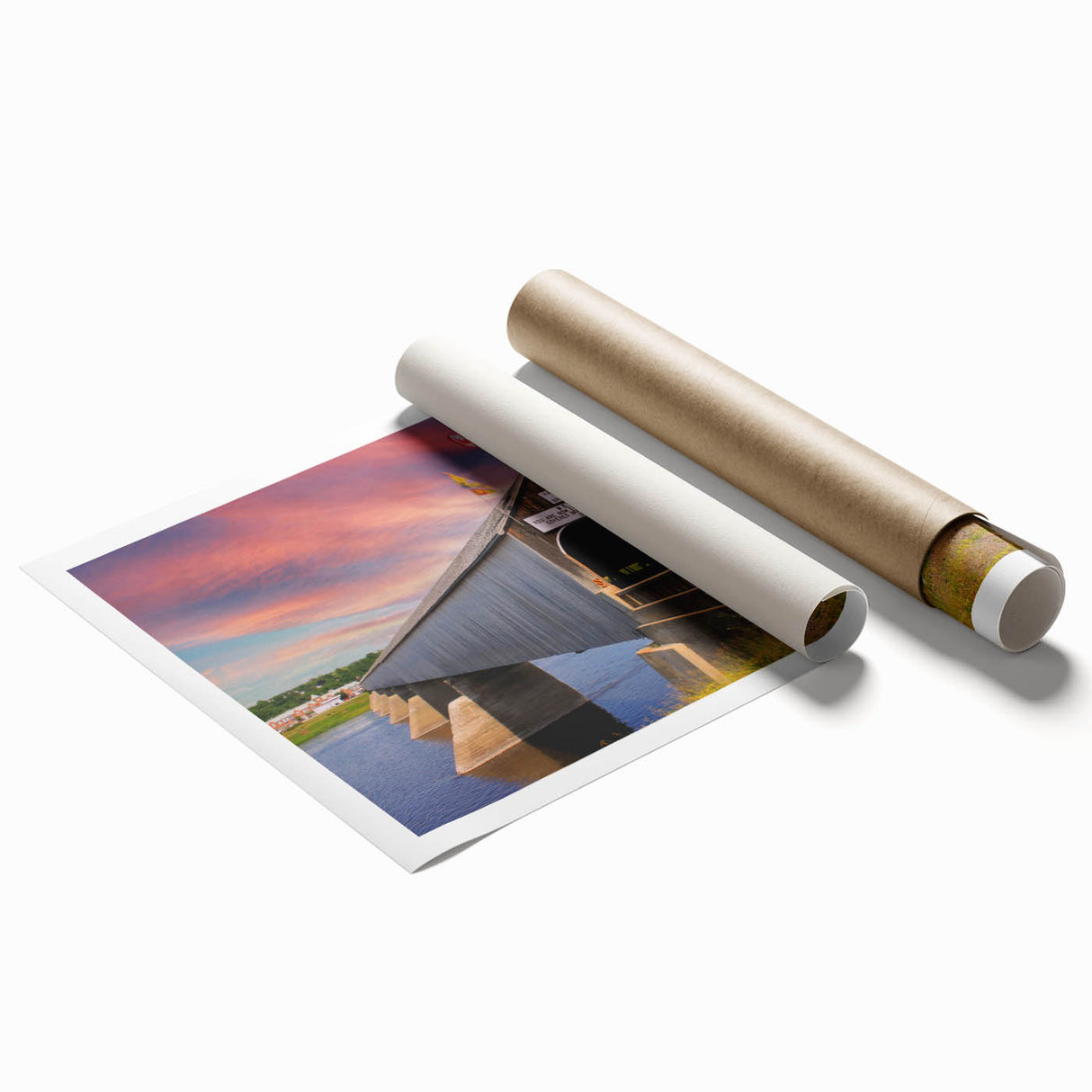 Rolled canvas print of a covered bridge surrounded by autumn foliage in muted earth tones.
