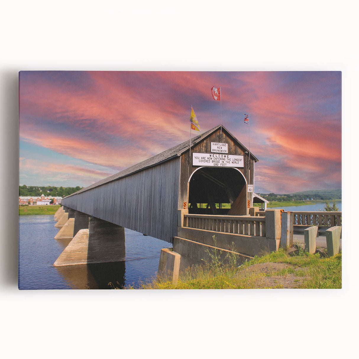 Black and white photograph of a covered bridge on stretched canvas, suited for kitchen wall art.