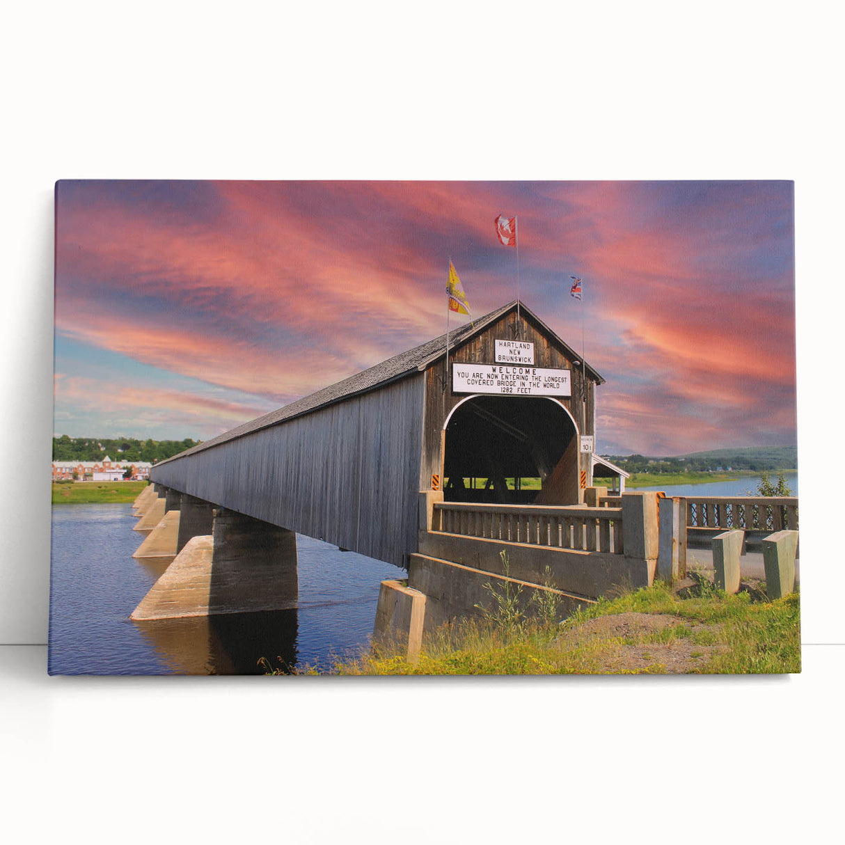 Black and white photograph on stretched canvas of a covered bridge, suitable as large art for kitchen or bedroom.