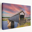 Side view of a large art canvas depicting a covered bridge in muted earth tones, ideal for kitchen wall art.