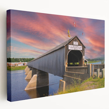 Side view of a large art canvas depicting a covered bridge in muted earth tones, ideal for kitchen wall art.