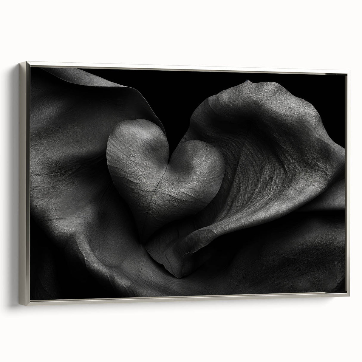 Abstract geometric framed canvas artwork in silver, showcasing intricate shapes and patterns, ideal for modern decor. Side view highlights its sleek design and elegant finish, perfect for enhancing living spaces.