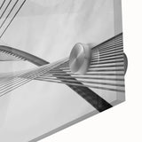 Close-up of large abstract wall art on acrylic glass featuring mid-century modernist architecture in neutral tones.