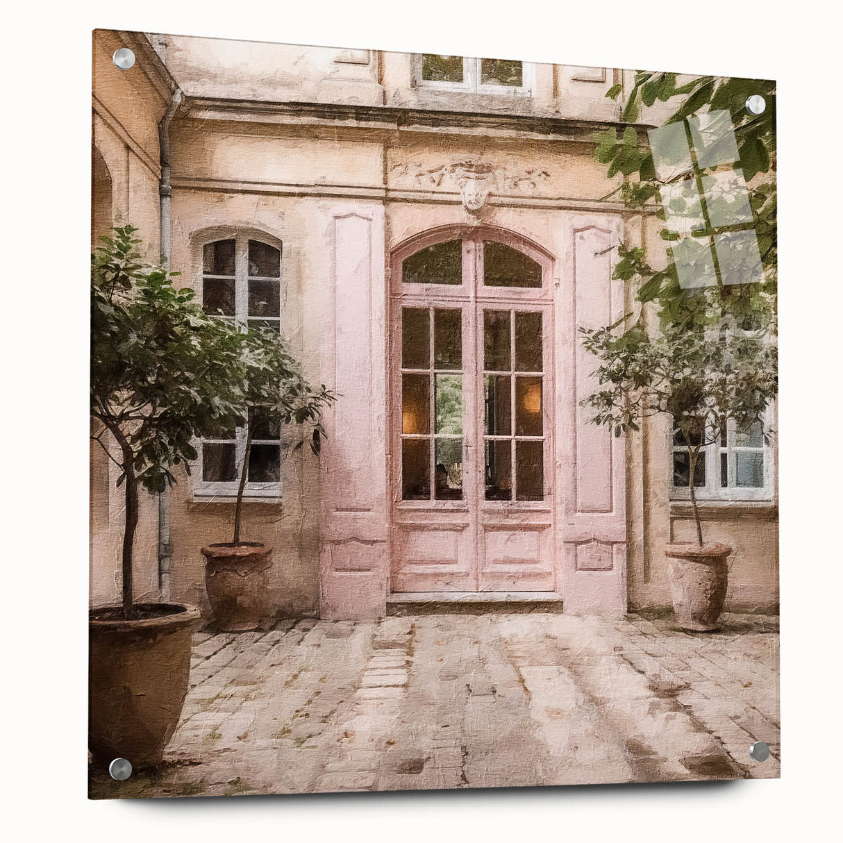 Acrylic print of a large abstract depiction of a French door, using a palette of soft grays and blues.