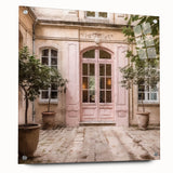 Acrylic print of a large abstract depiction of a French door, using a palette of soft grays and blues.