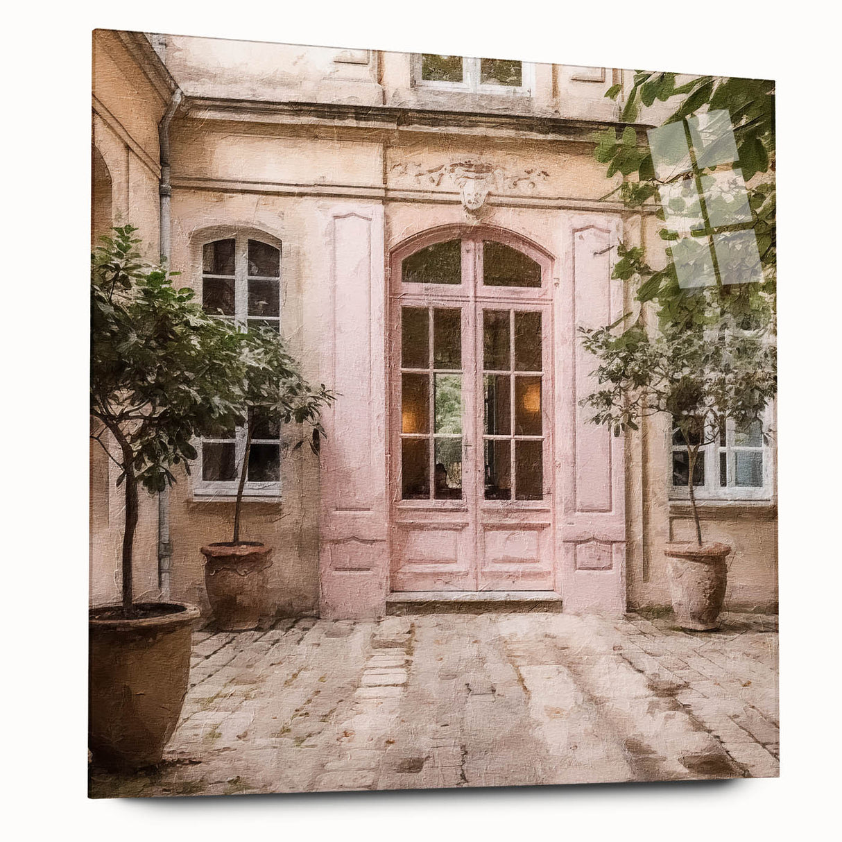 Acrylic print of a large abstract depiction of a French door, in neutral gray tones, ideal for bedroom or dining room art.