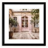 Extra large abstract art print featuring a colorful, textured depiction of a French door, framed in black.