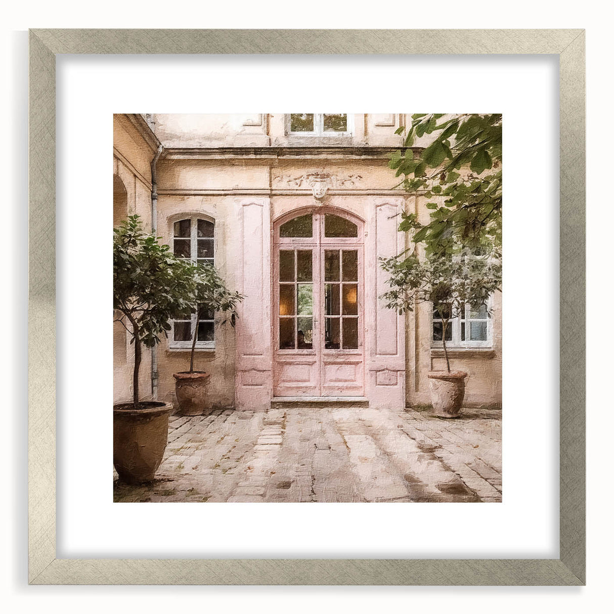 Textured abstract art print of a French door, rendered in neutral tones, framed with a silver mat.