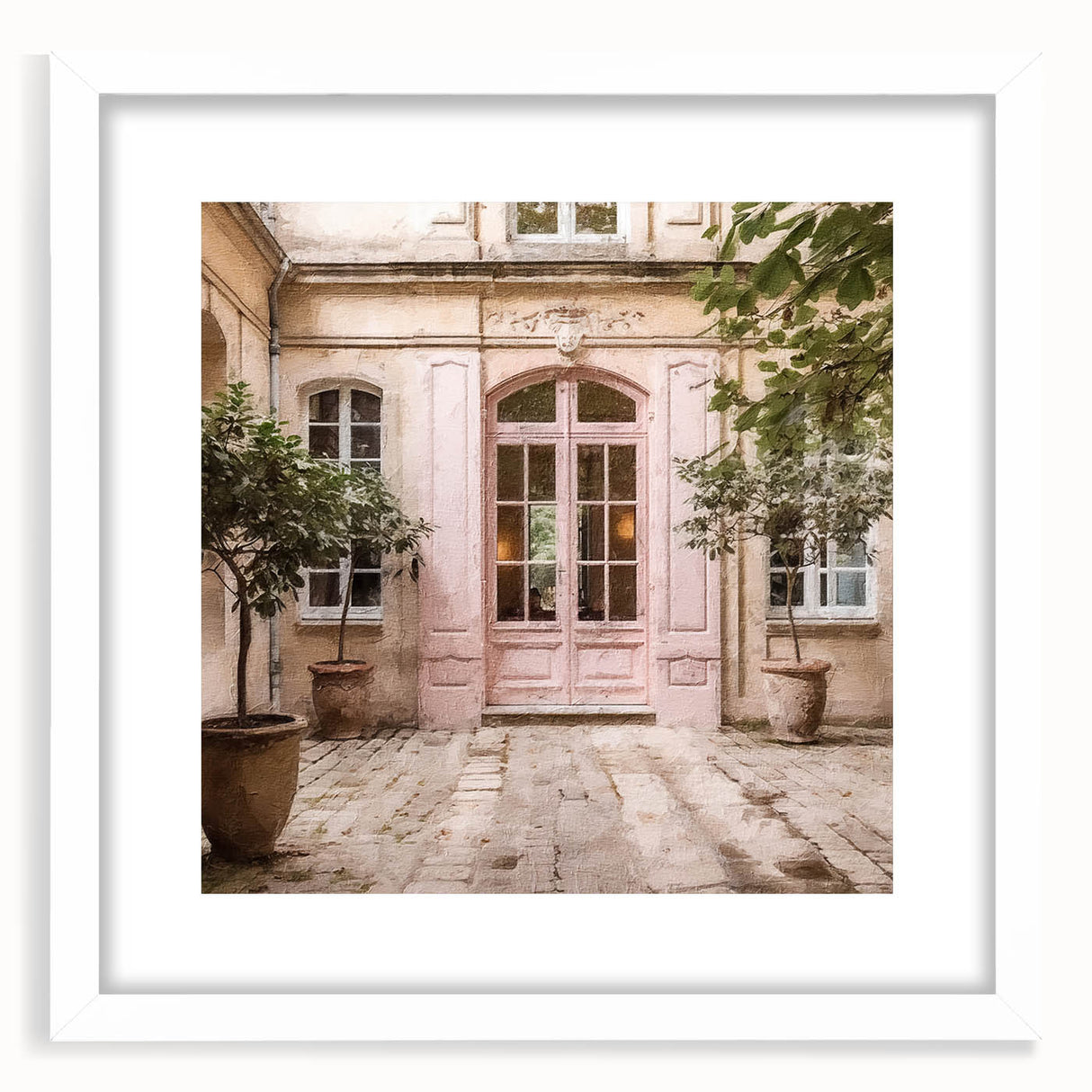 Abstract art print featuring a minimalist French door design in neutral tones, framed with a white mat.