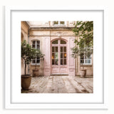 Abstract art print featuring a minimalist French door design in neutral tones, framed with a white mat.