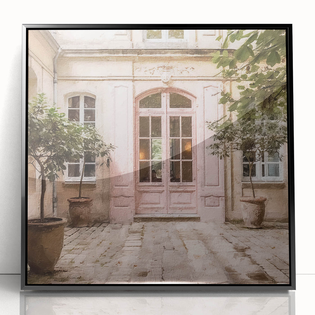 Large abstract wall art depicting a French door, in black and white tones on framed acrylic.
