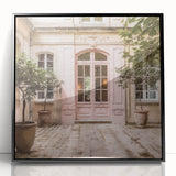 Large abstract wall art depicting a French door, in black and white tones on framed acrylic.