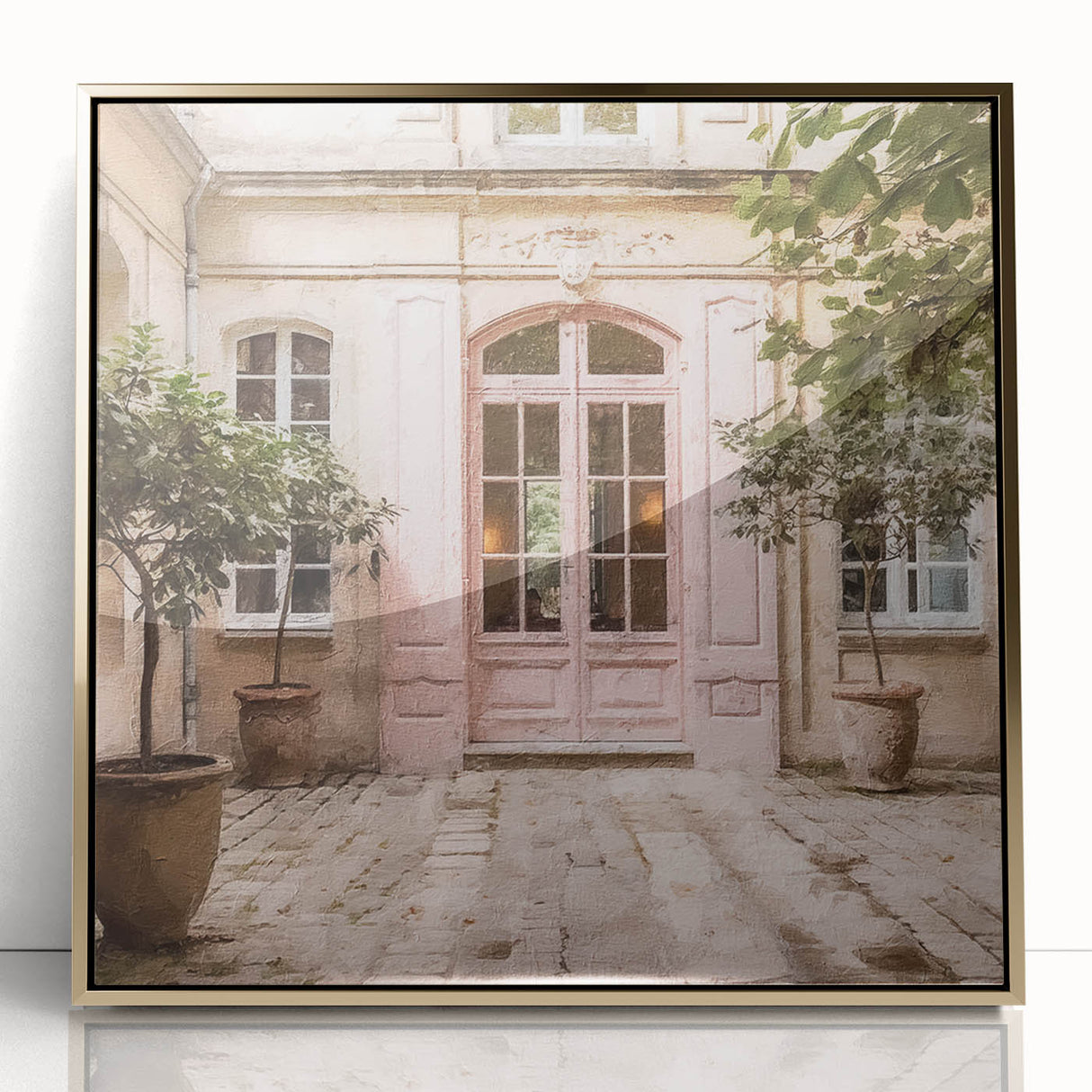 Mid-century modernist acrylic print of a French door in gold tones, ideal for modern art wall decor.