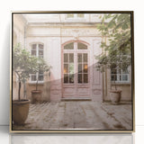 Mid-century modernist acrylic print of a French door in gold tones, ideal for modern art wall decor.