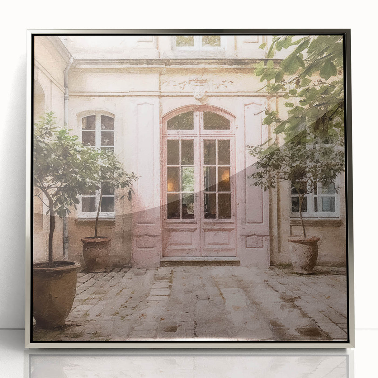 Mid-century modernist art featuring a French door design in silver tones on a framed acrylic.