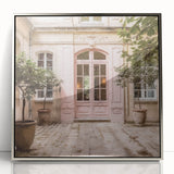 Mid-century modernist art featuring a French door design in silver tones on a framed acrylic.
