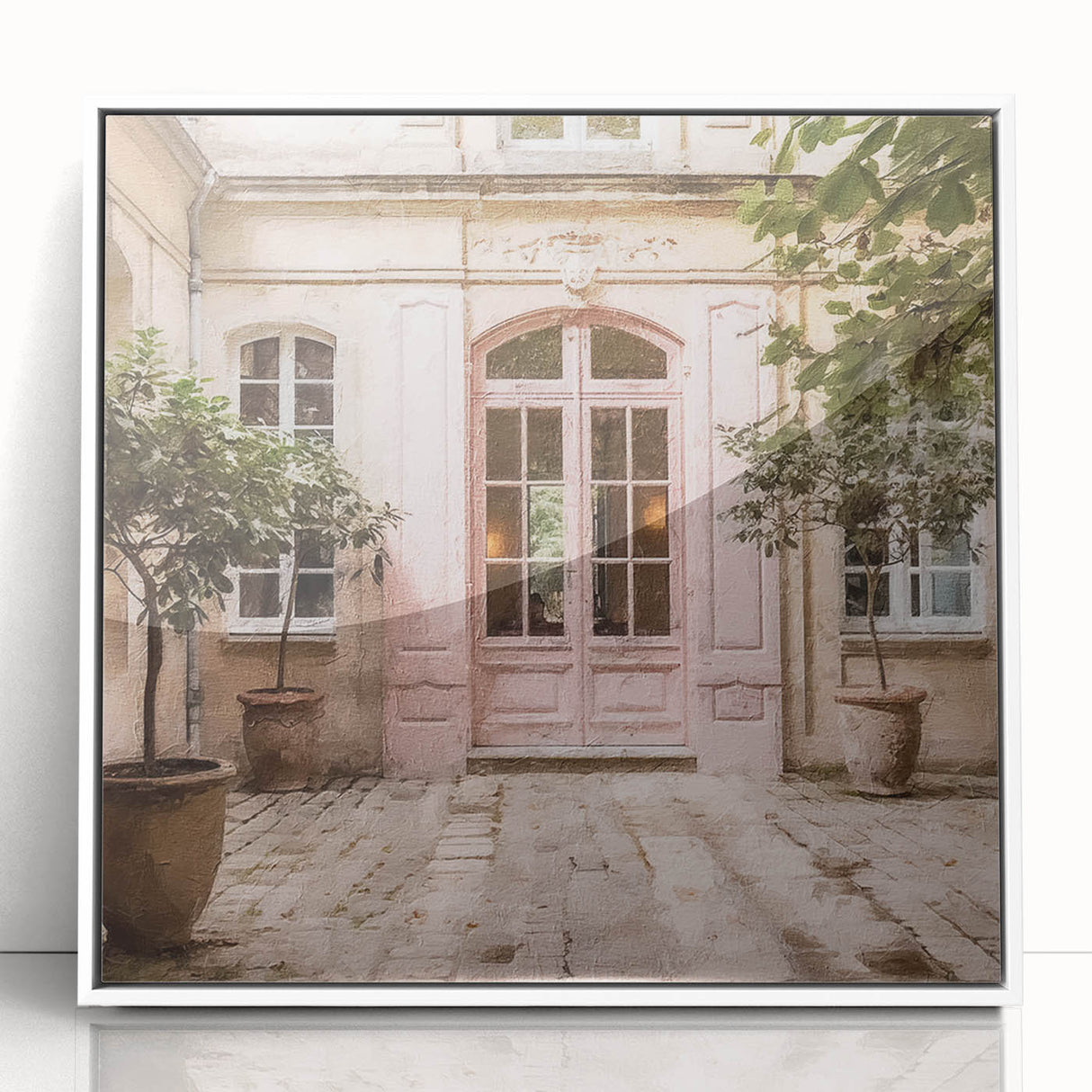 Acrylic print of an art deco style door, using a monochrome white palette, ideal for modern nursery wall art.