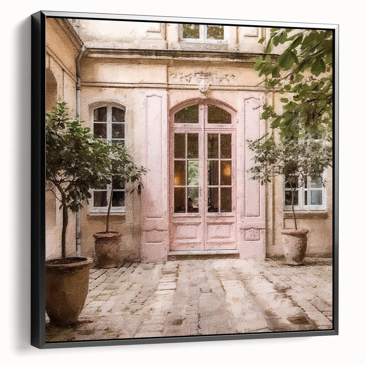 Black and white framed canvas featuring a vintage-style door in landscape orientation, suitable for bedroom decor.