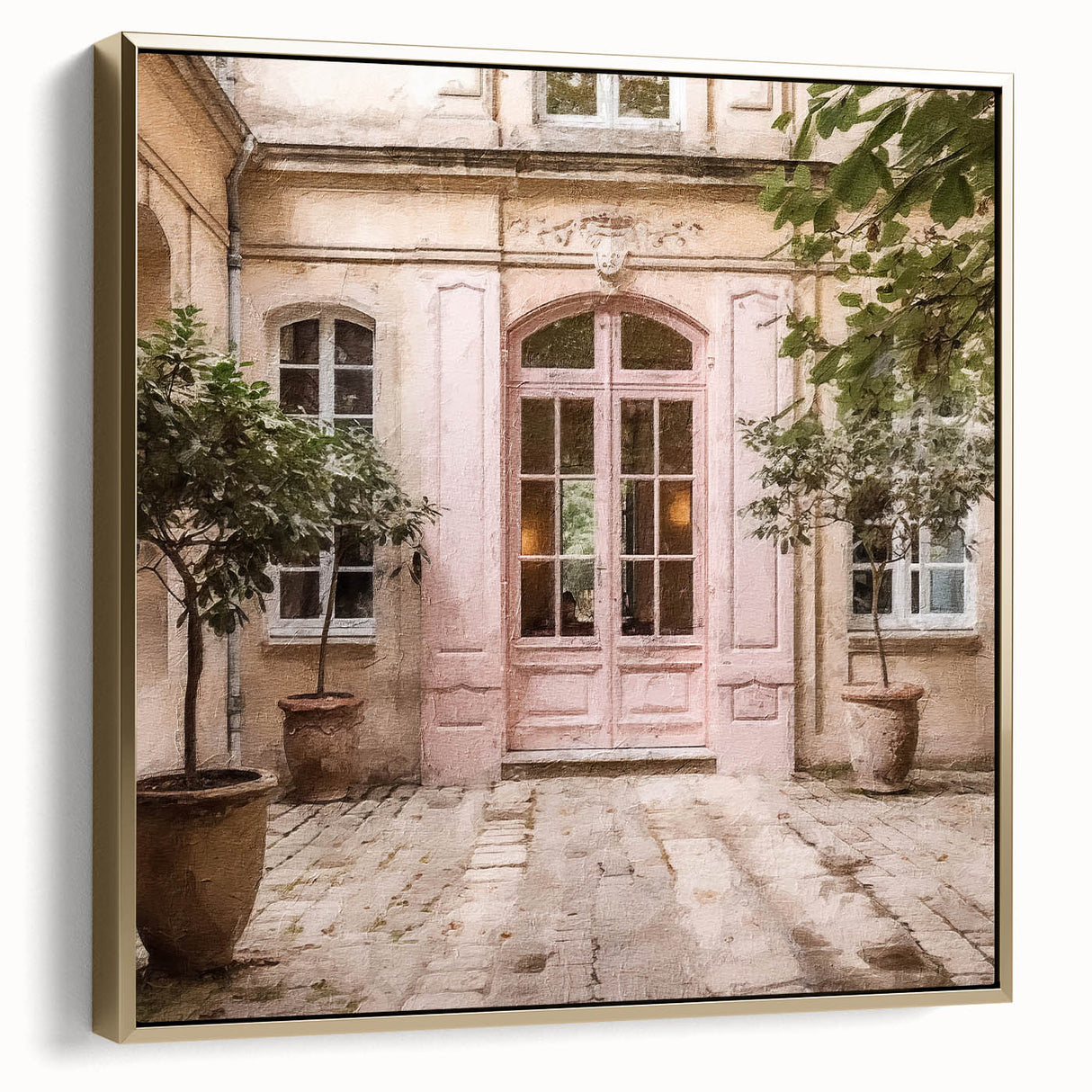 Framed canvas of a vintage-style door in muted silver and gold tones, suitable for bedroom wall art.