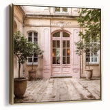 Framed canvas of a vintage-style door in muted silver and gold tones, suitable for bedroom wall art.