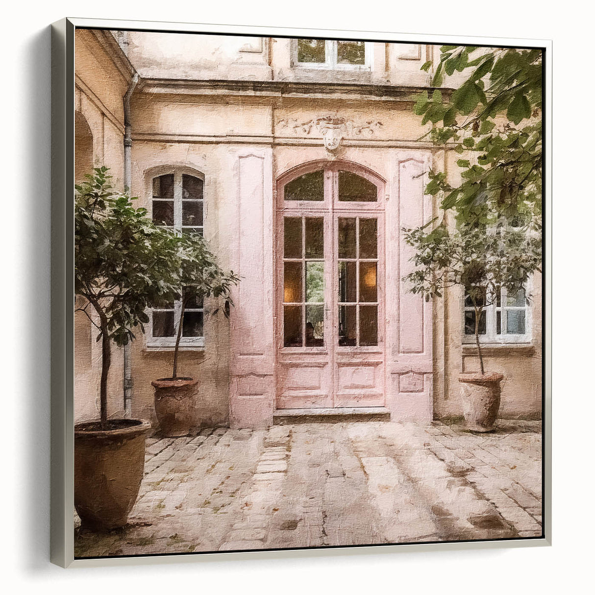 Framed canvas of vintage poster art featuring a French door in muted black and colorful tones, ideal for living room decor.