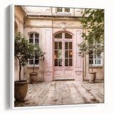 Vintage poster art of a French door architecture on a framed canvas, set against a white background.