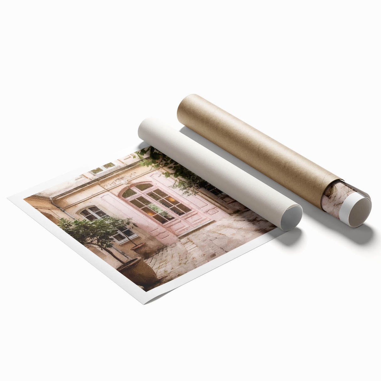 Extra large rolled print of a French door architecture with floral designs in soft pastel shades.