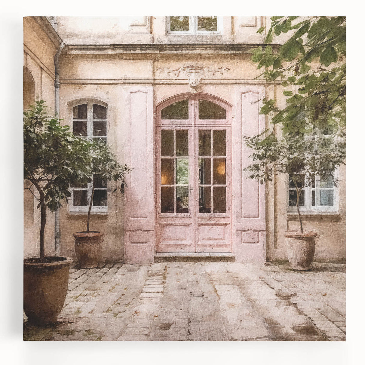 Black and white photograph of a French door architecture on stretched canvas, ideal for kitchen wall art.