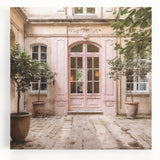 Black and white photograph of a French door architecture on stretched canvas, ideal for kitchen wall art.