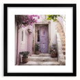 Colorful abstract art print of a Greek door, featuring vibrant hues on a textured canvas, framed in black.