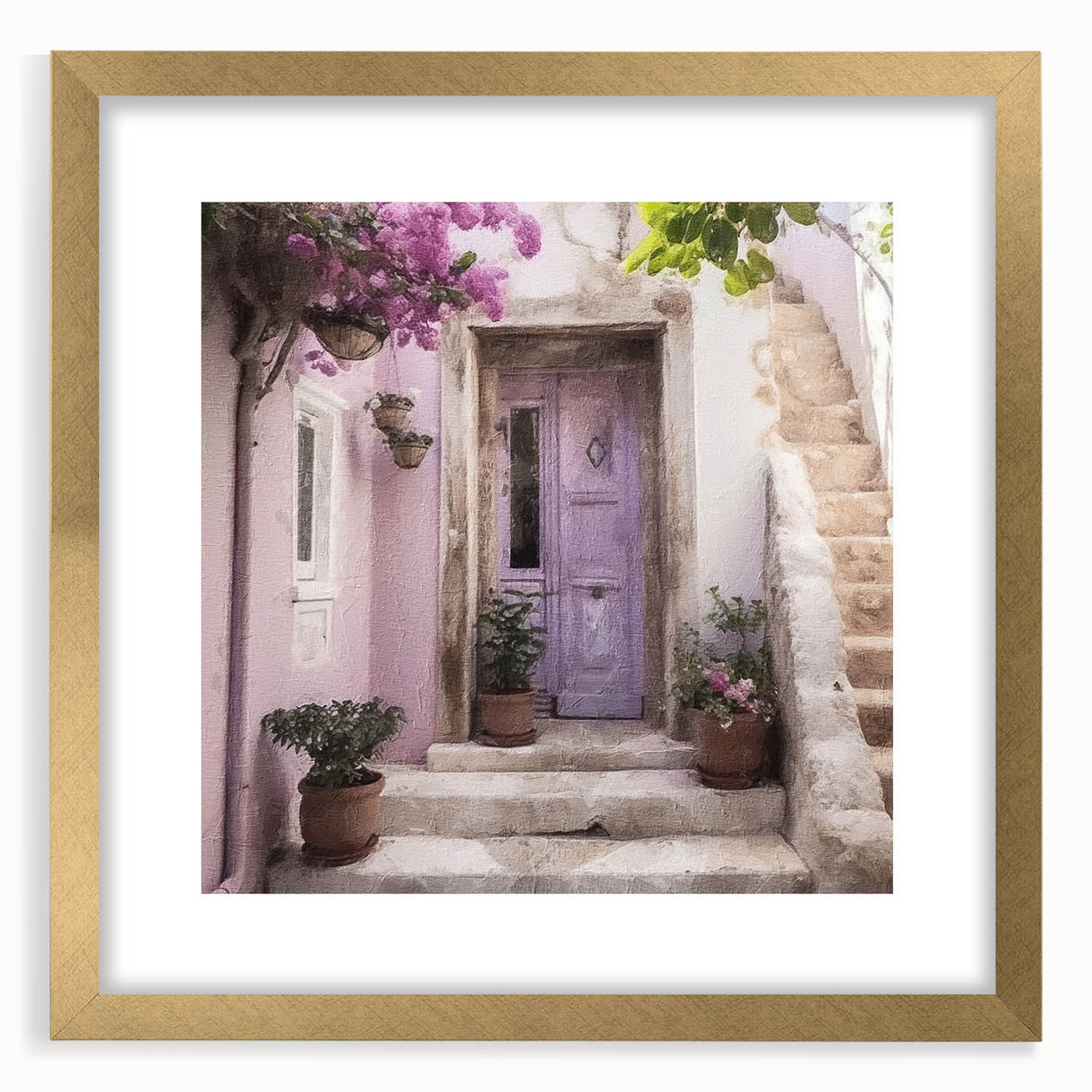 Extra large abstract art print featuring a textured Greek door design in gold tones, framed with mat.
