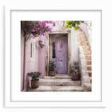 Abstract art print of a Greek door design in muted earth tones, framed with a white mat.