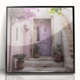 Large abstract wall art depicting a Greek door, framed in black acrylic, with mid-century modernist style.