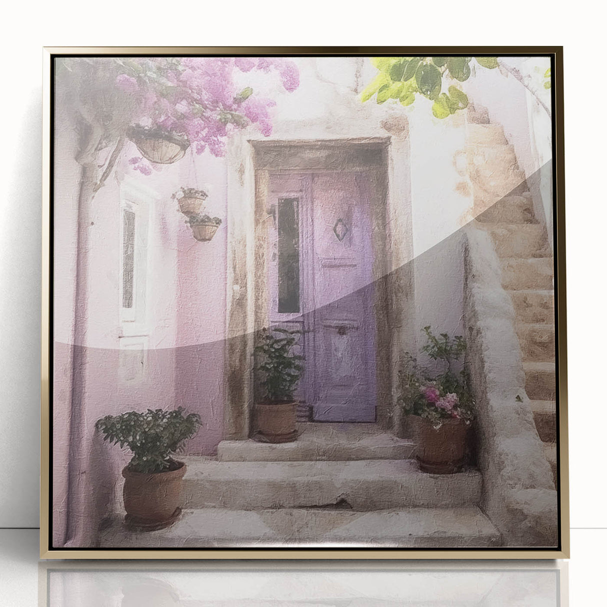 Mid-century modernist acrylic print of a Greek door in gold tones, ideal for modern art wall decor.