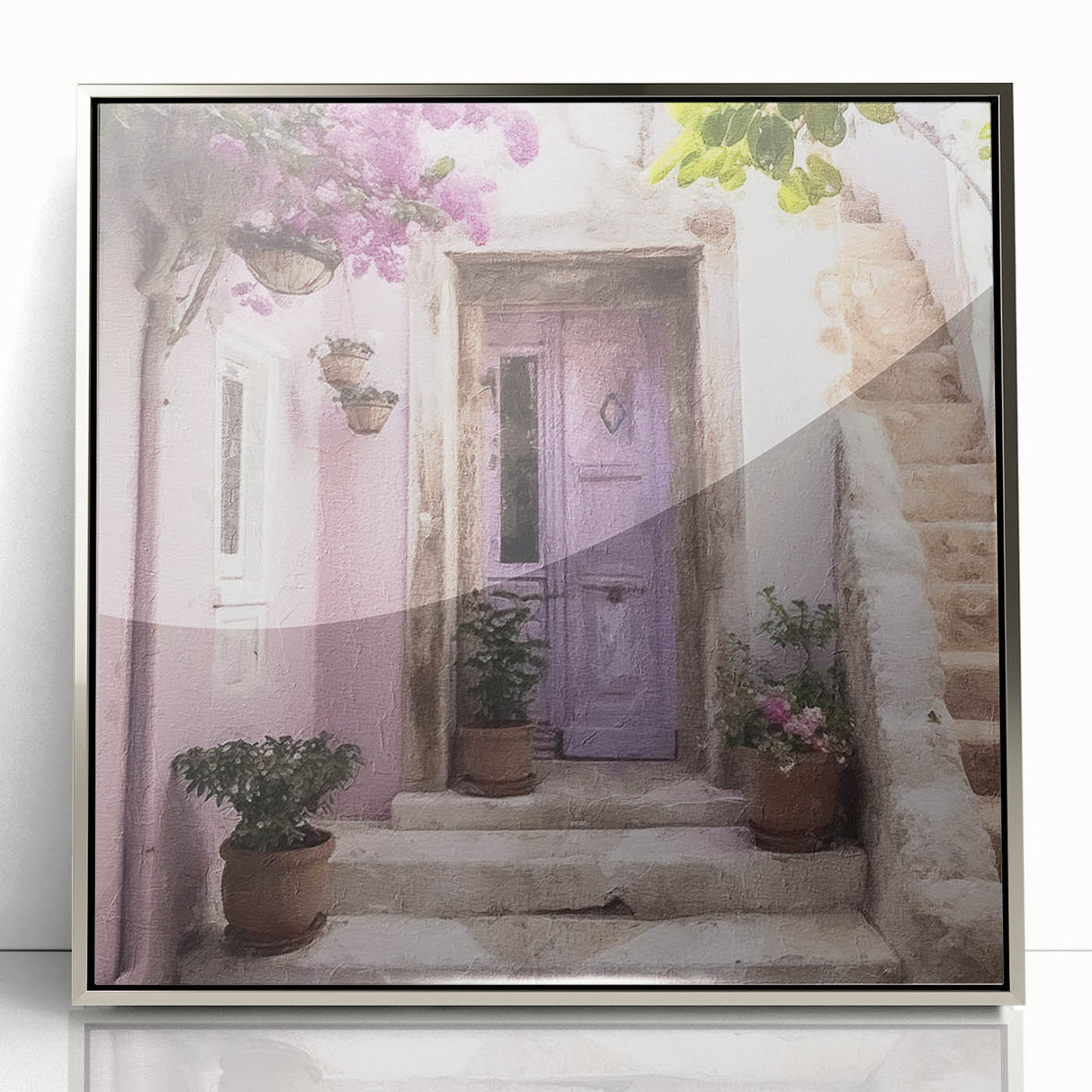 Mid-century modernist art of a Greek door in silver framed acrylic, muted earth tones, ideal for modern art wall decor.