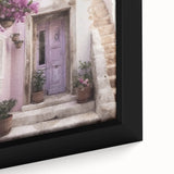 Close-up of a black framed canvas depicting a Greek door design in vibrant colors, ideal for living room decor.