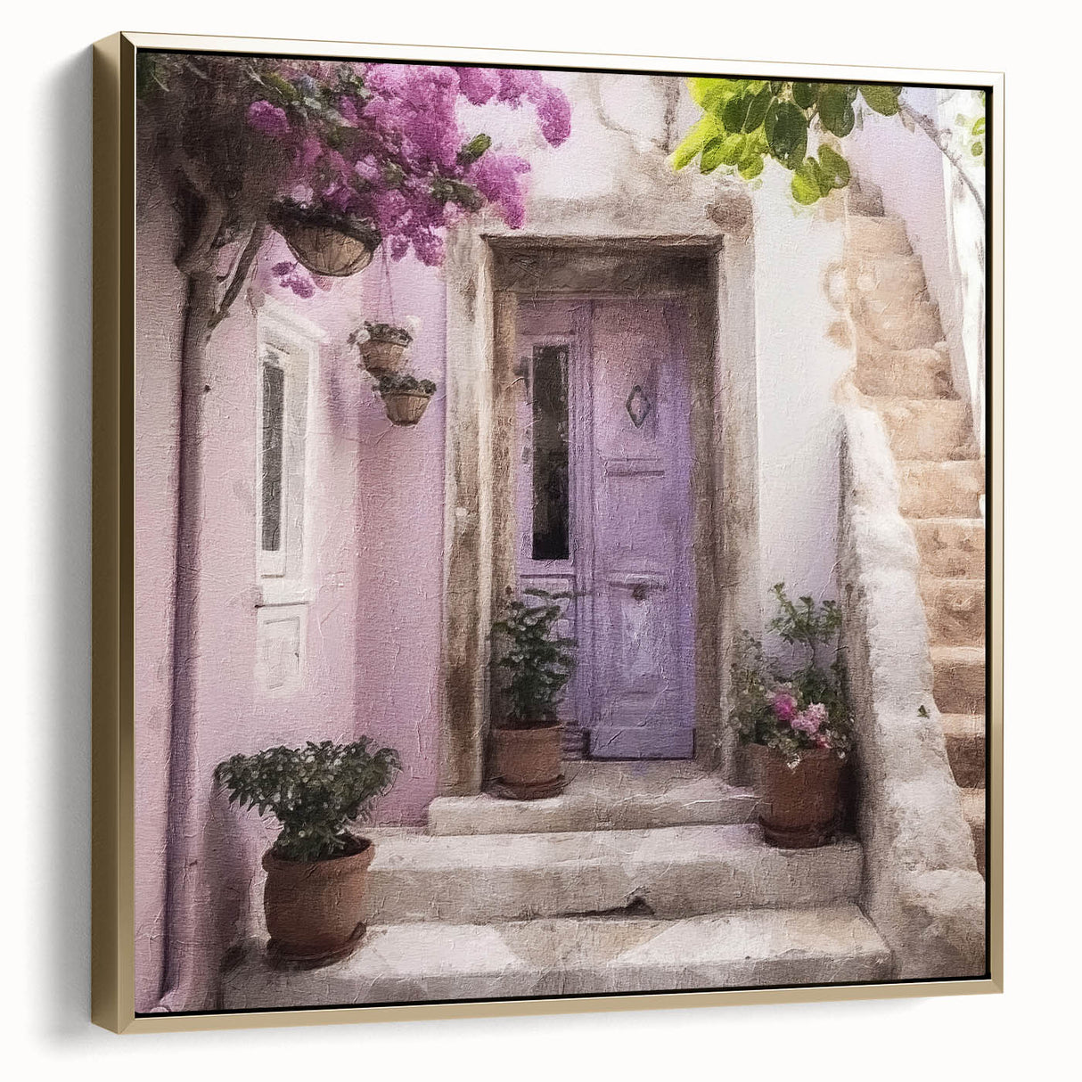Framed canvas featuring a vintage poster of a Greek architecture door in silver and gold tones.