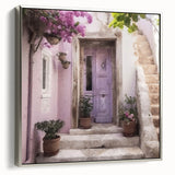 Framed canvas of a vintage poster featuring a Greek architecture door in black with colorful accents.