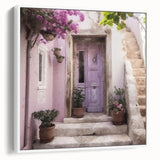 Vintage poster art of a Greek door architecture on framed canvas, with white and black tones, ideal for living room decor.