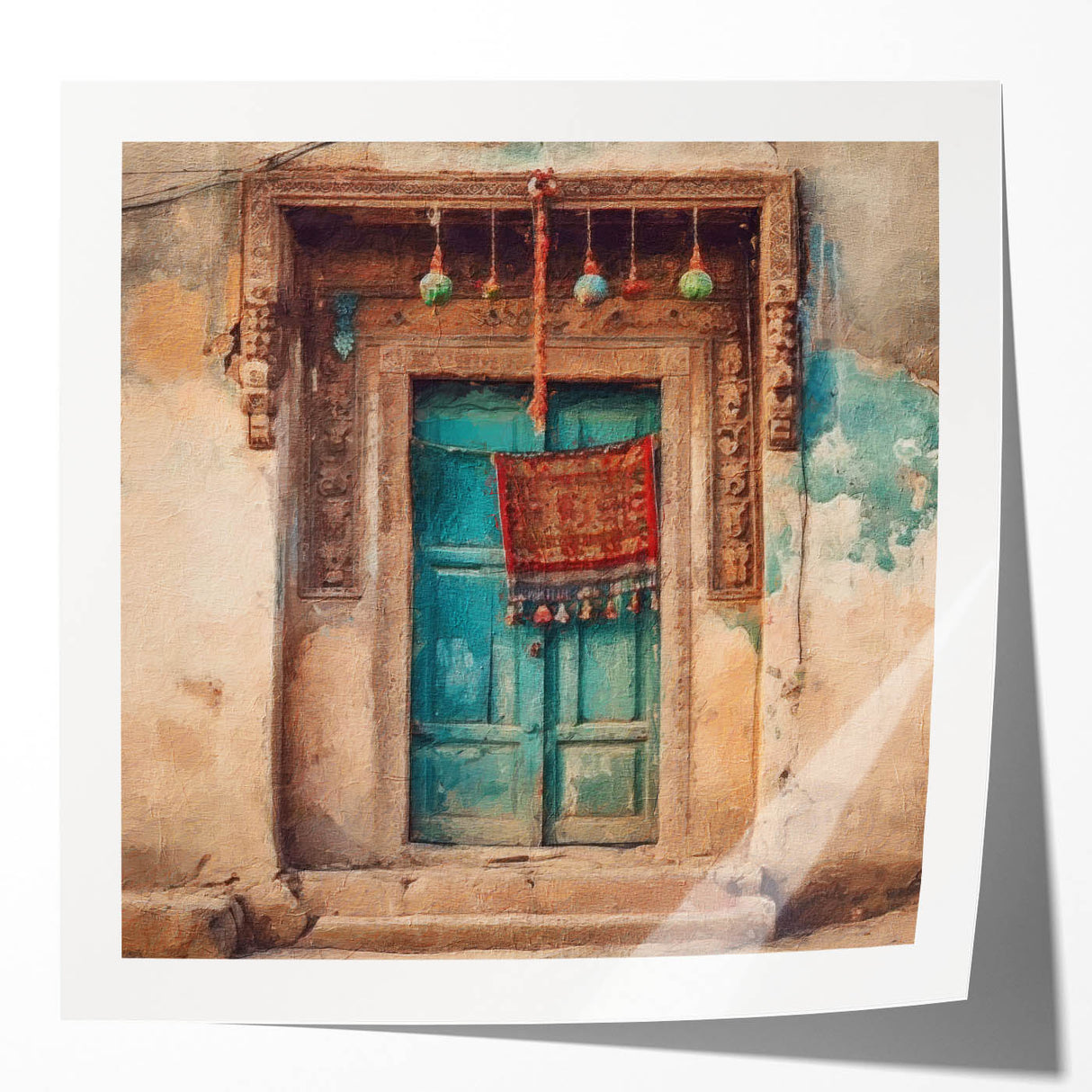 Traditional Indian door design in muted earth tones on a large glossy photo print.