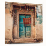 Acrylic print of a large abstract depiction of an Indian door in earthy tones, suitable for bedroom or dining room decor.