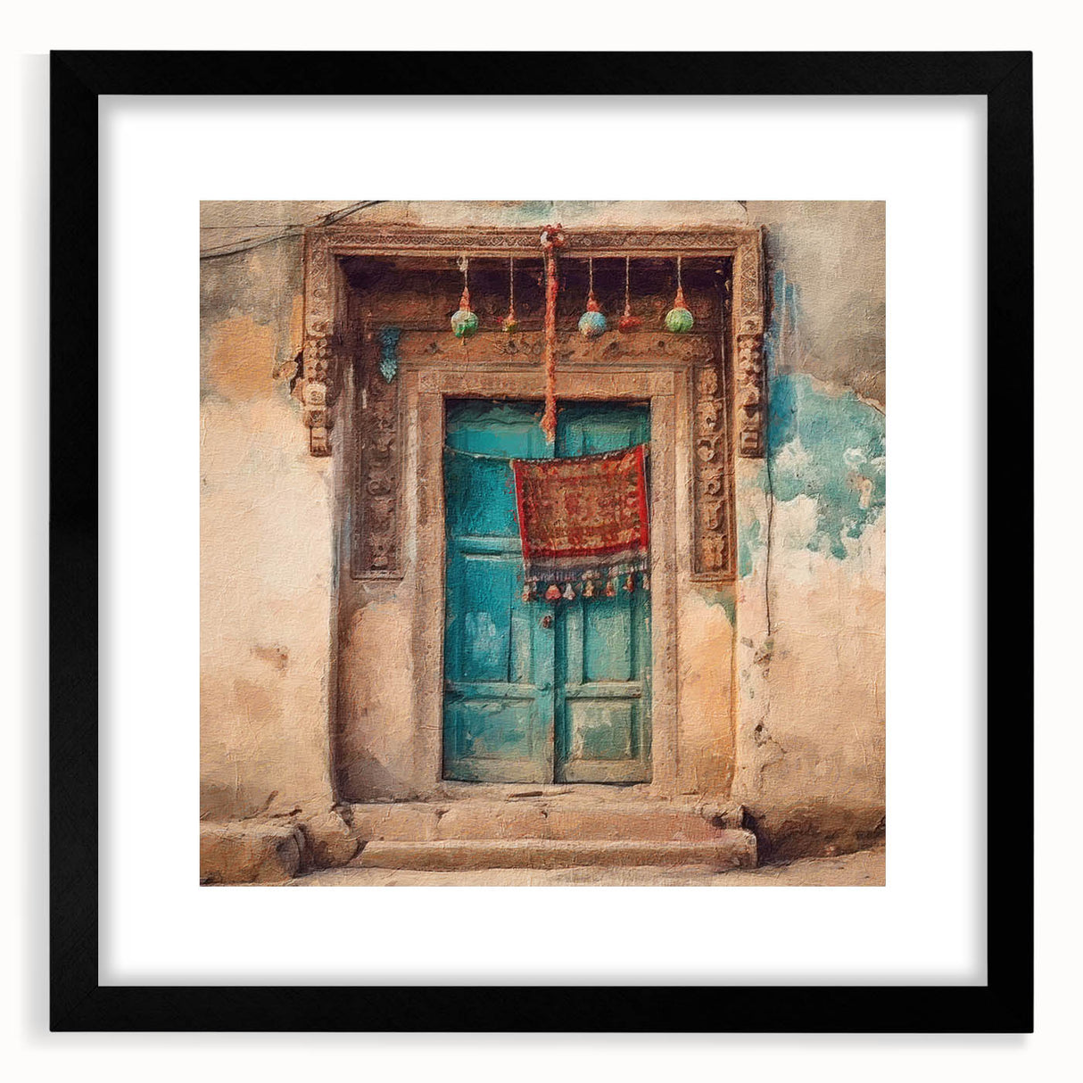 Abstract art print featuring a colorful, textured depiction of an ornate Indian door on a large framed canvas.