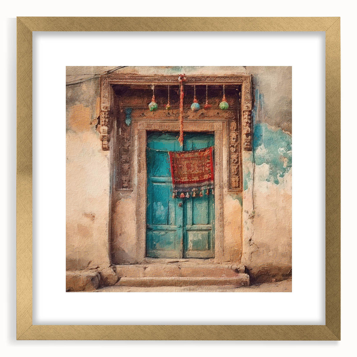 Extra large abstract art print featuring a textured depiction of an ornate Indian door in gold and brown tones.