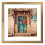 Extra large abstract art print featuring a textured depiction of an ornate Indian door in gold and brown tones.
