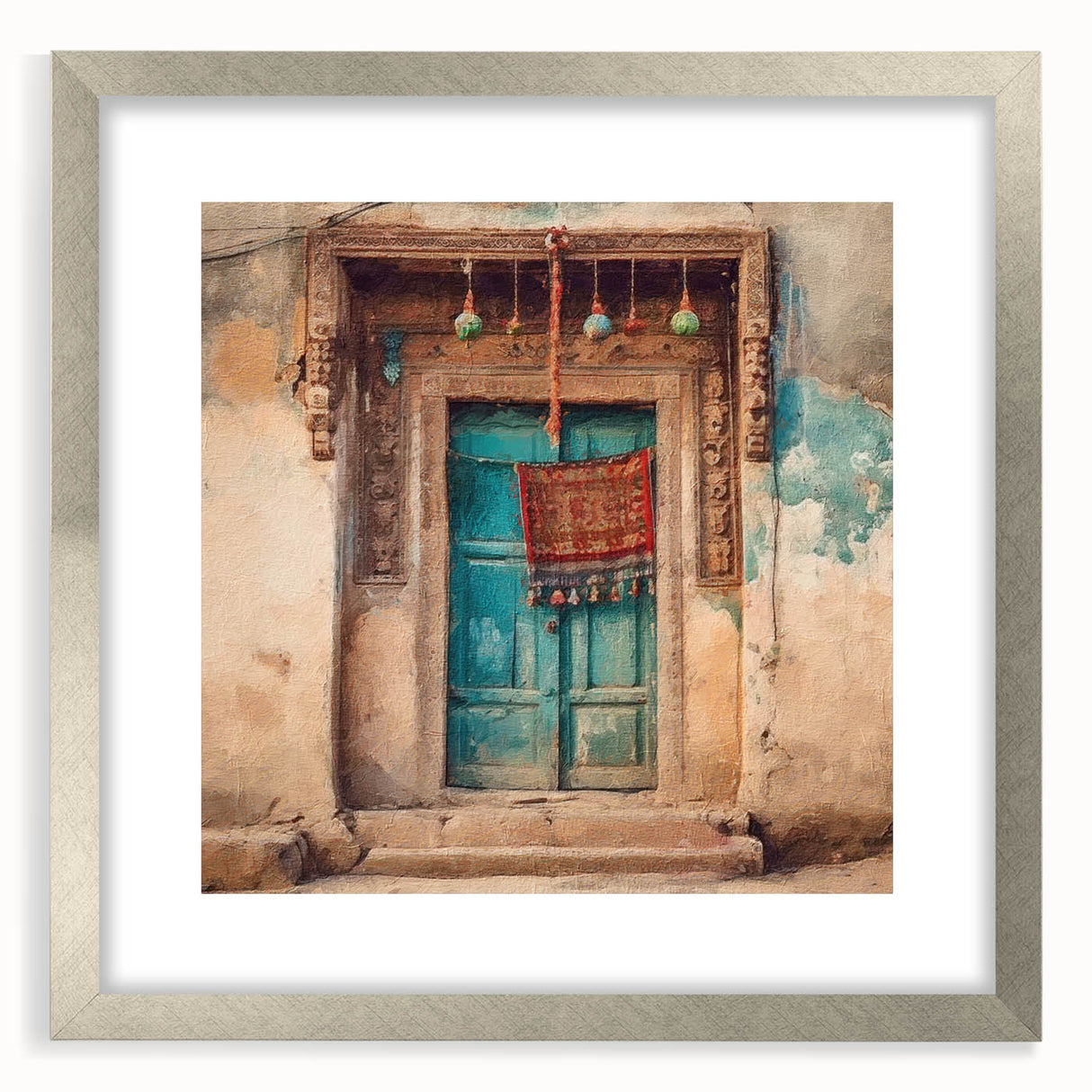 Textured art of an abstract Indian door design in silver frame, ideal for bedroom art.