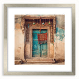 Textured art of an abstract Indian door design in silver frame, ideal for bedroom art.