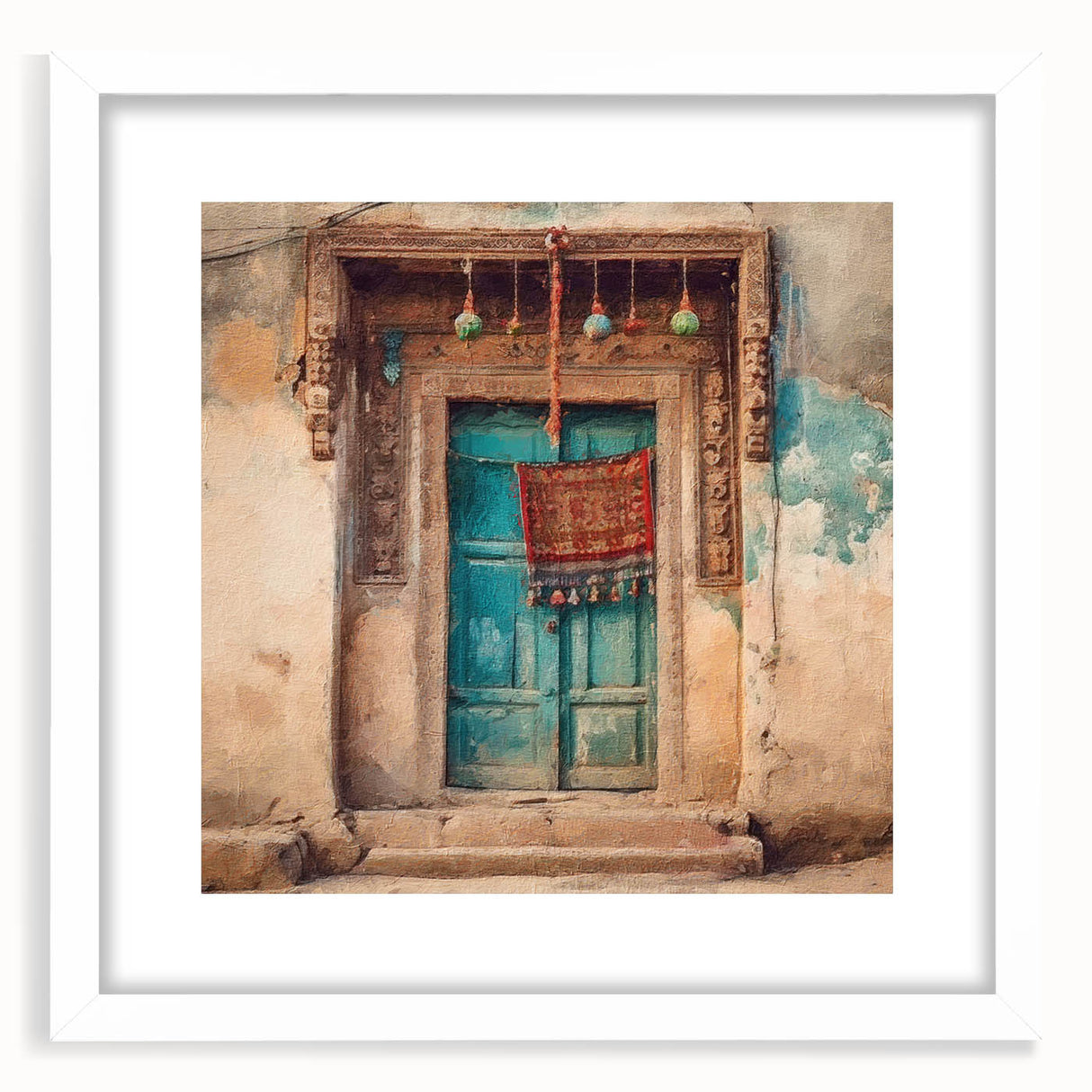 Abstract art print of an Indian architecture doorway in pastel shades on a framed white mat.