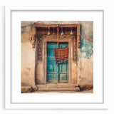Abstract art print of an Indian architecture doorway in pastel shades on a framed white mat.